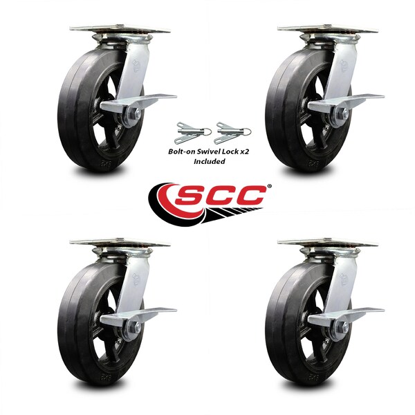 8 Inch Rubber On Steel Caster Set With Roller Bearing 4 Brake And 2 Swivel Lock